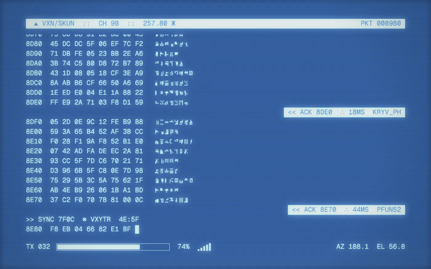 The Uplink CRTScreen: packets sent up the screen, on blue