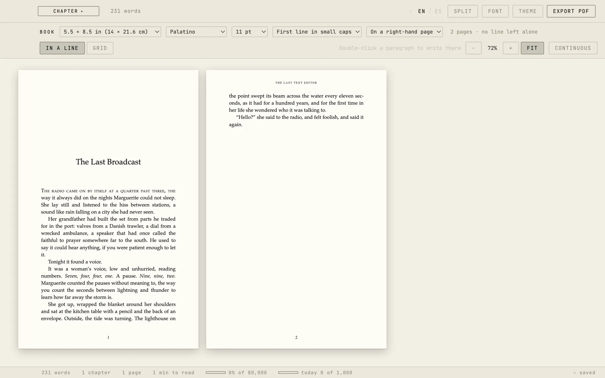 Book View: the novel set as a printed book, two pages side by side