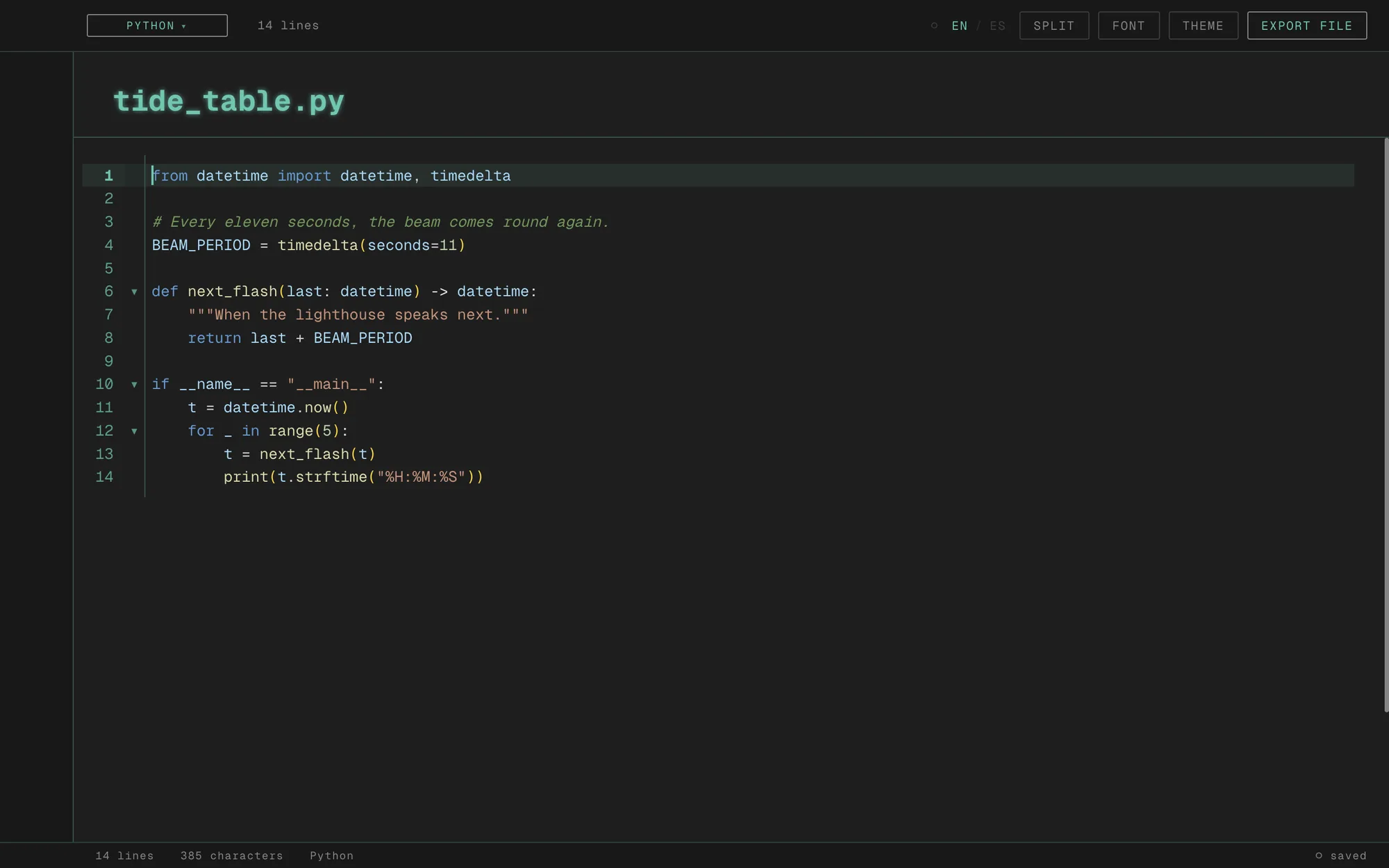 A Python file in the Code Vault theme