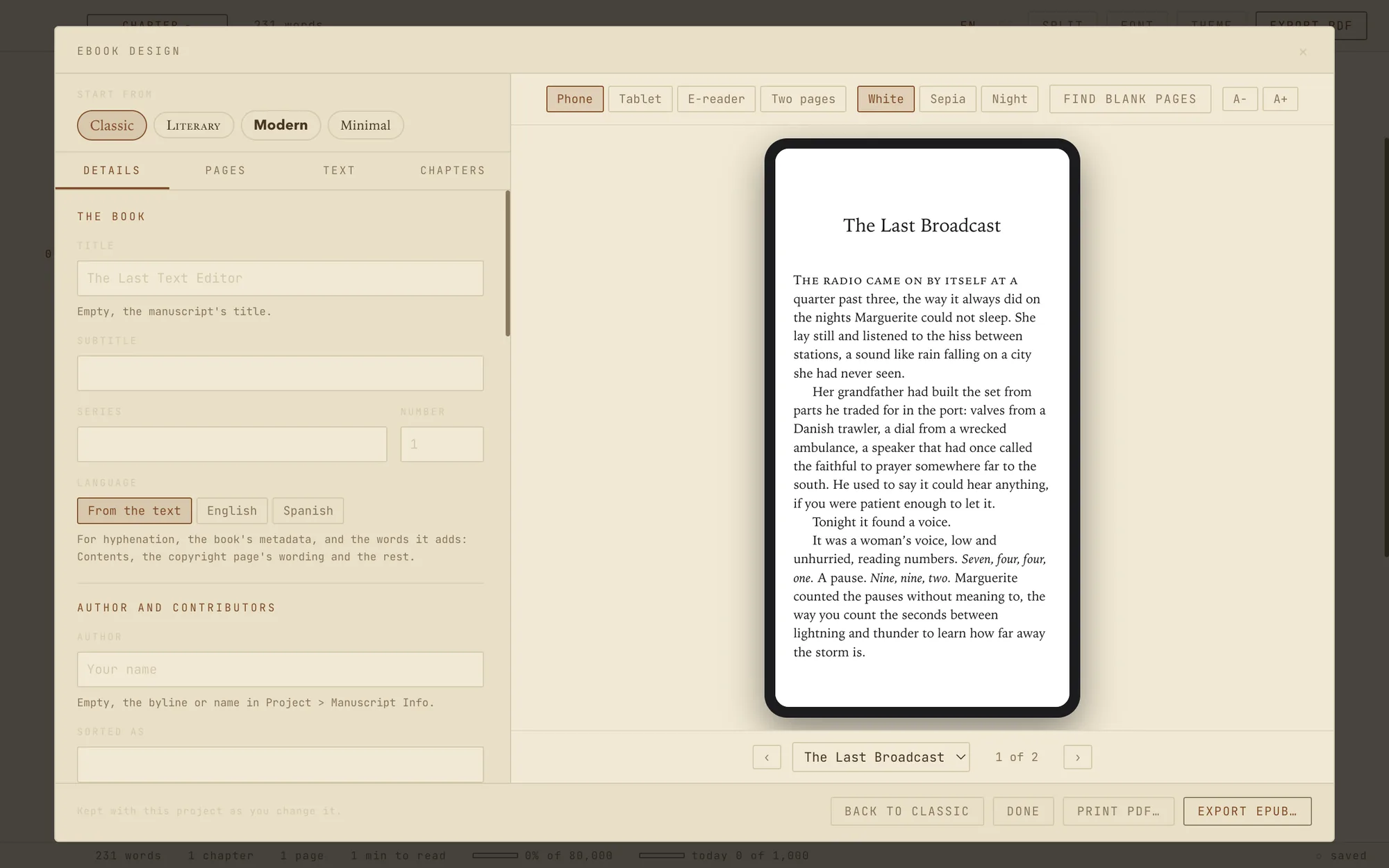 Ebook Design: the book shown on a phone beside its settings