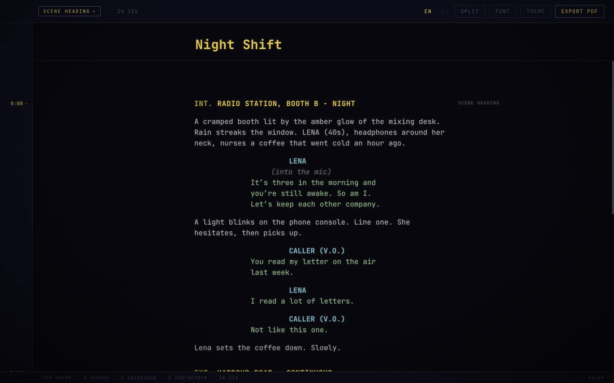 A screenplay in the Cinema theme, with the running time at its left