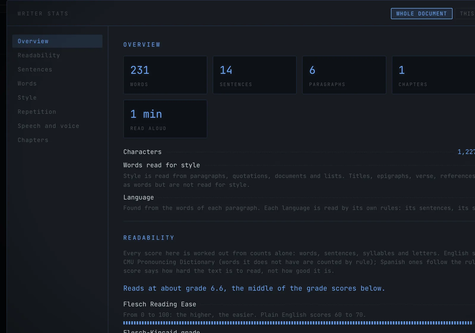 Writer Stats: readability and counts for the novel