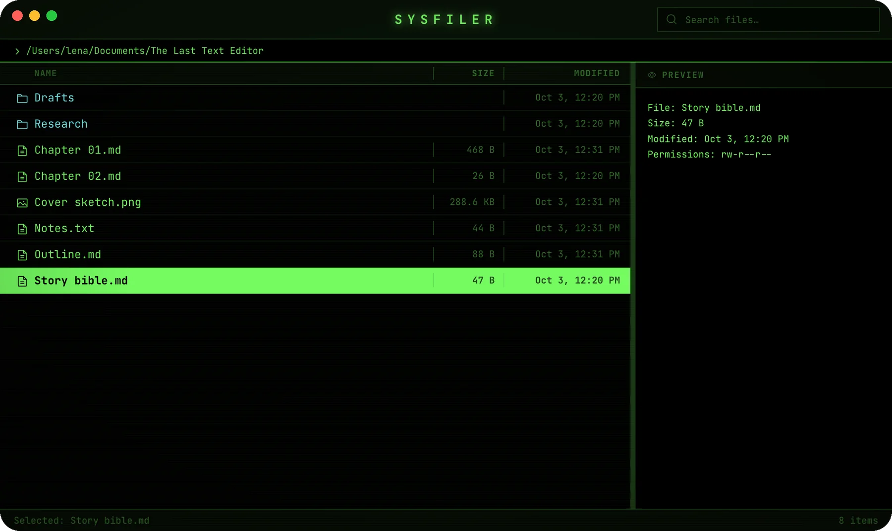SysFiler: a book folder, in phosphor green