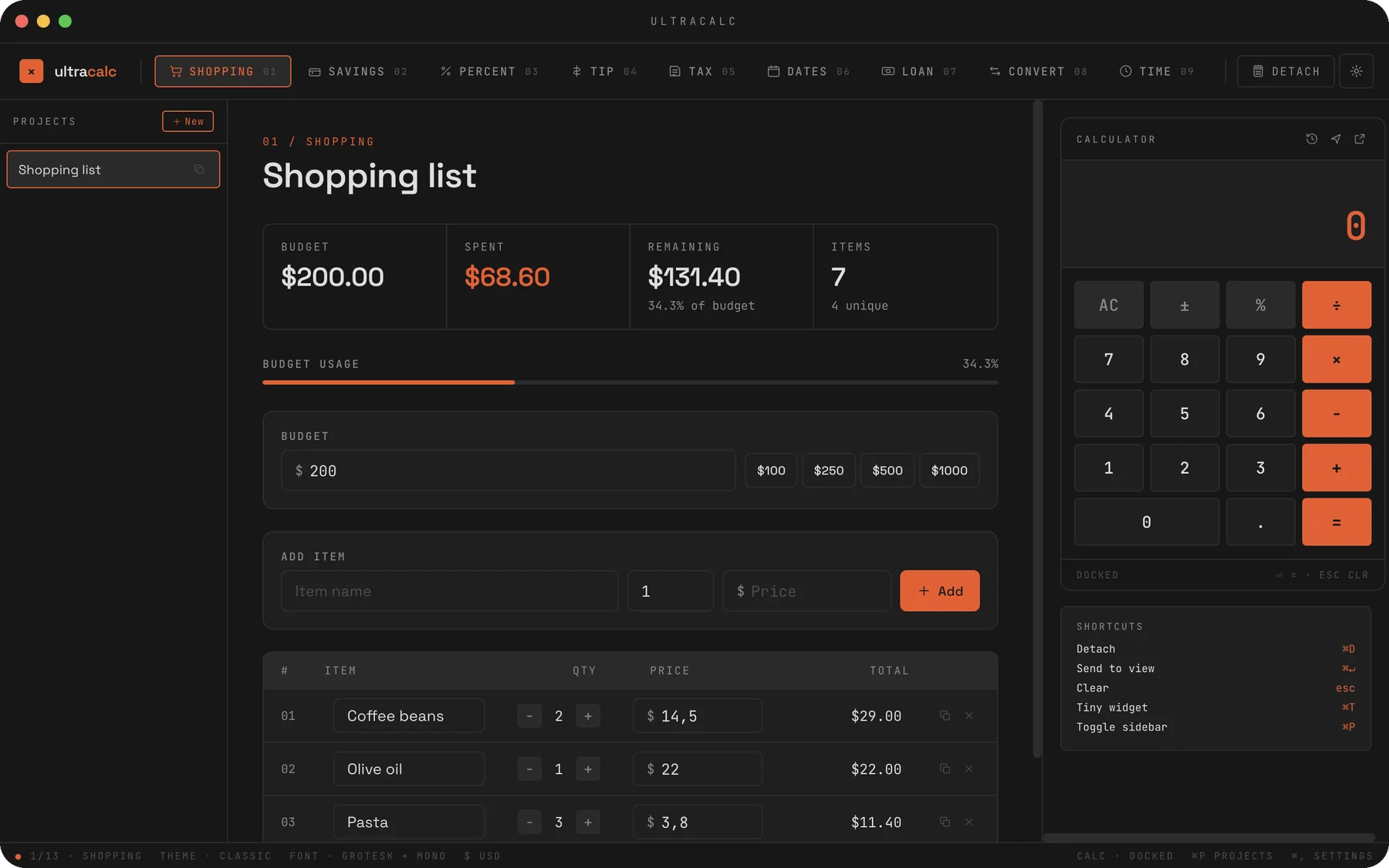 UltraCalc: a shopping list on a budget